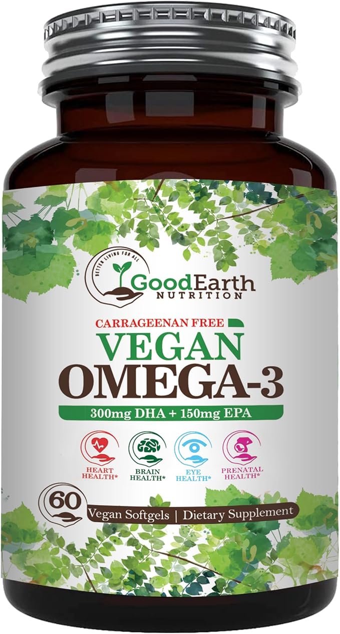 Vegan Omega 3 - Carrageenan Free Plant Based Algal DHA/EPA- 60 Veggie Softgels - Supports Brain Heart &amp Prenatal Health - Essential Fatty Acids Supplements