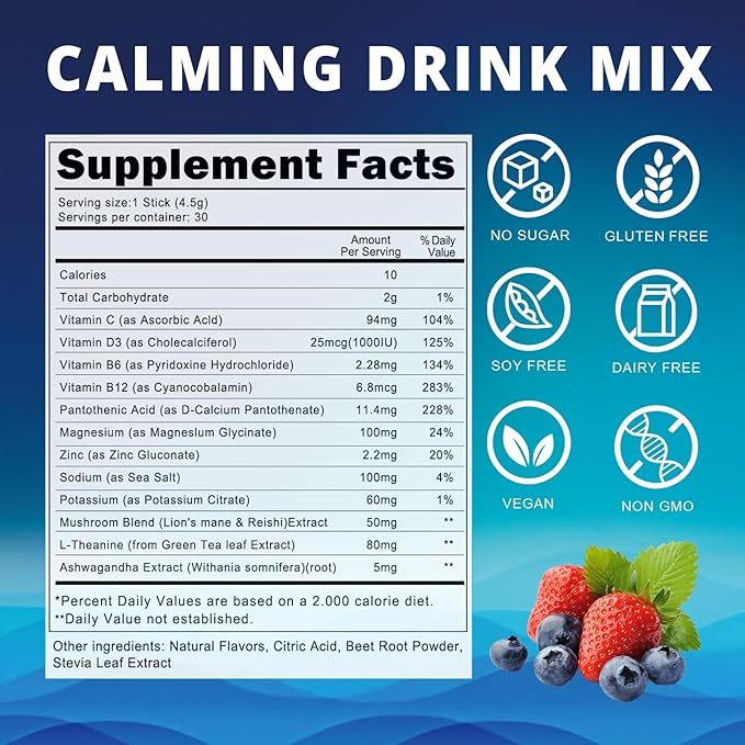 Cortisol Powdered Drink Mix with Magnesium Glycinate Ashwagandha L-Theanine Vitamin &amp Electrolytes Sugar Free Magnesium Supplement Blend for Stress Relief Relax &amp Focus Mixed Berry 30 P