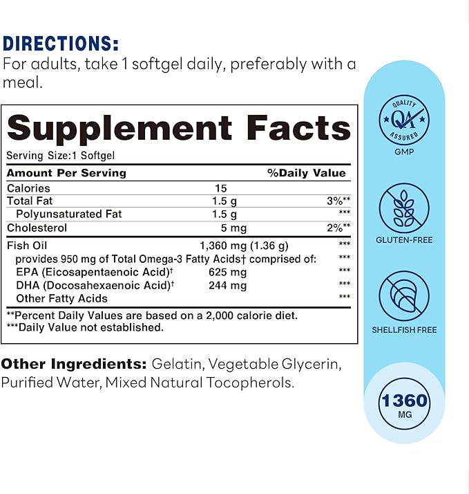 Vitamin World Triple Strength Omega 3 Fish Oil 1360 mg Supplement 950 mg Active Omega-3 Fatty Acids with EPA &amp DHA Supports Heart Brain &amp Joint Health Gluten Free 180 Softgels 6 Months S