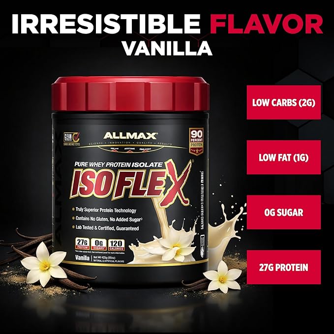 ALLMAX ISOFLEX Pure Whey Isolate Protein Powder - Gluten Free Low Lactose Sugar-Free - High-Protein Clean Keto-Friendly for Pre Post Workout Supplement for Women and Men | Vanilla 1lb