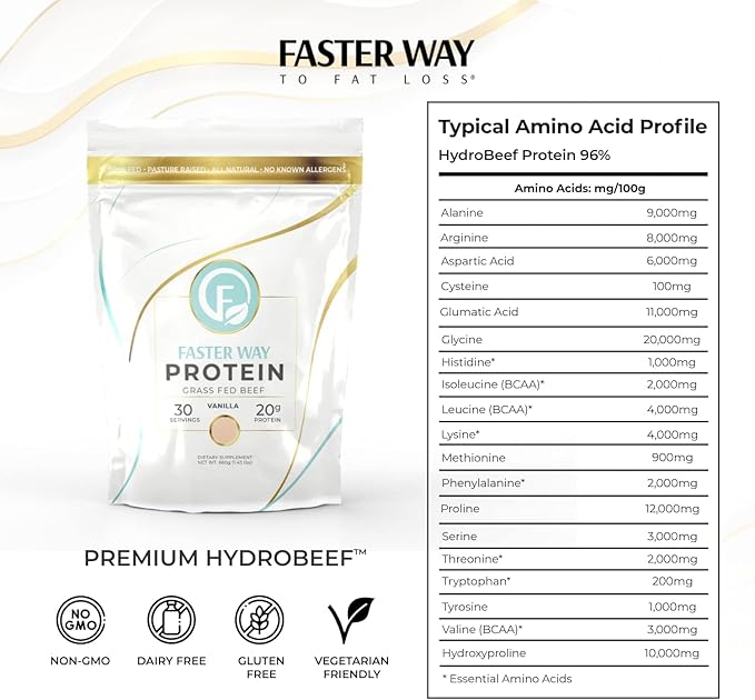 Faster Way - Protein Powder - Hydrolyzed Grass Fed Beef - 20g of Protein Per Serving - Muscle Growth &amp Recovery - 9 Essential Amino Acids - Sugar Gluten &amp Dairy Free - Non-GMO - Vanilla - 30
