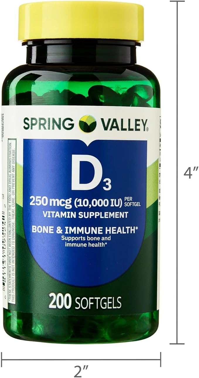 SUREFECT Spring Valley Vitamin D3 250mcg (10000 IU) - 200 Softgels - Bone &amp Immune Support Soy &amp Gluten Free Organizer.