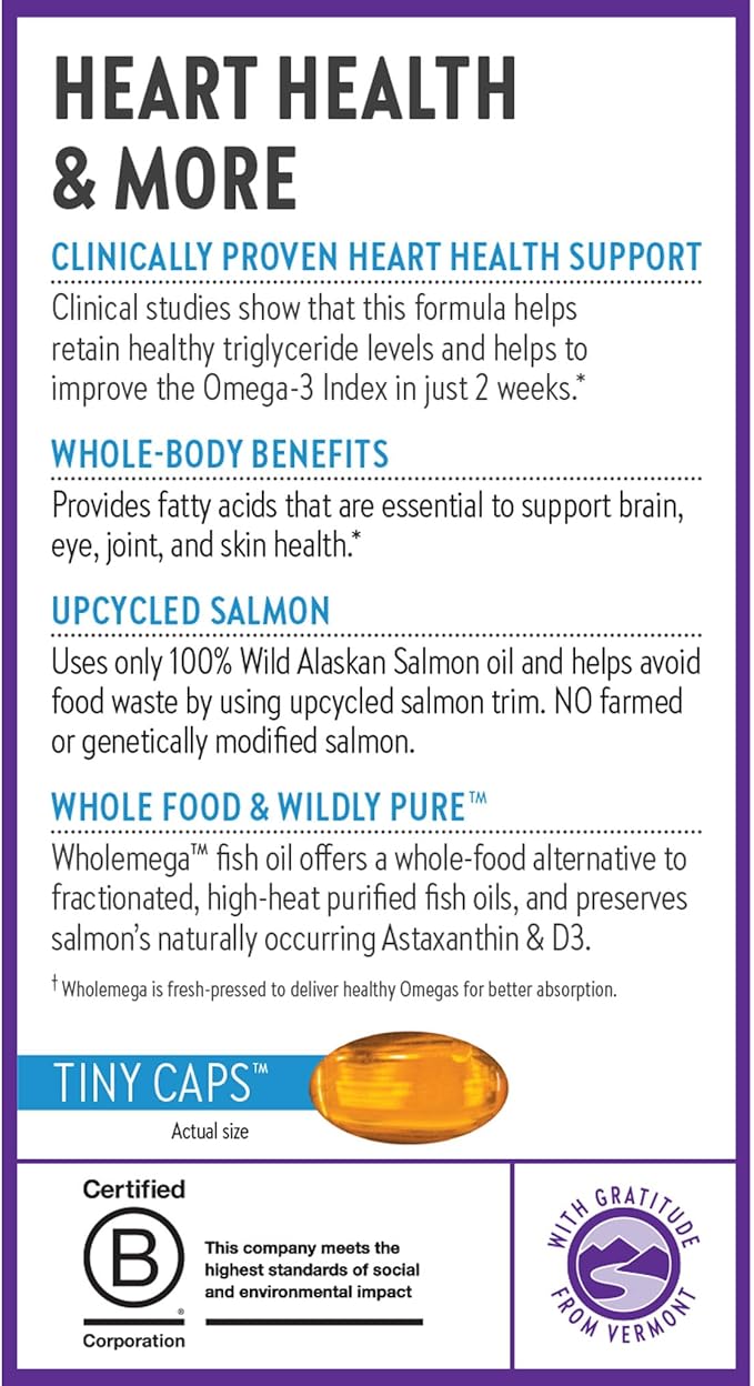 New Chapter Wholemega Fish Oil Supplement Tiny Capsules 2000mg per Serving Clinically Proven Wild Alaskan Salmon Oil with Omega-3 + Vitamin D3 + Astaxanthin 500mg per softgel - 180 Count