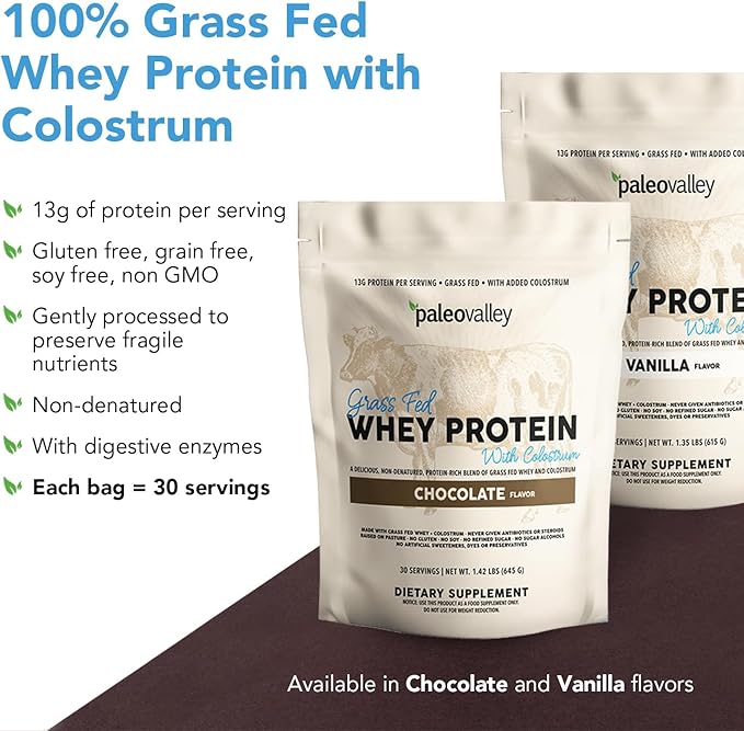 Paleovalley 100% Grassfed Whey Protein Powder with Colostrum 30 Serving - Vanilla 13g Protein Muscle Building Immune Support Gut Health