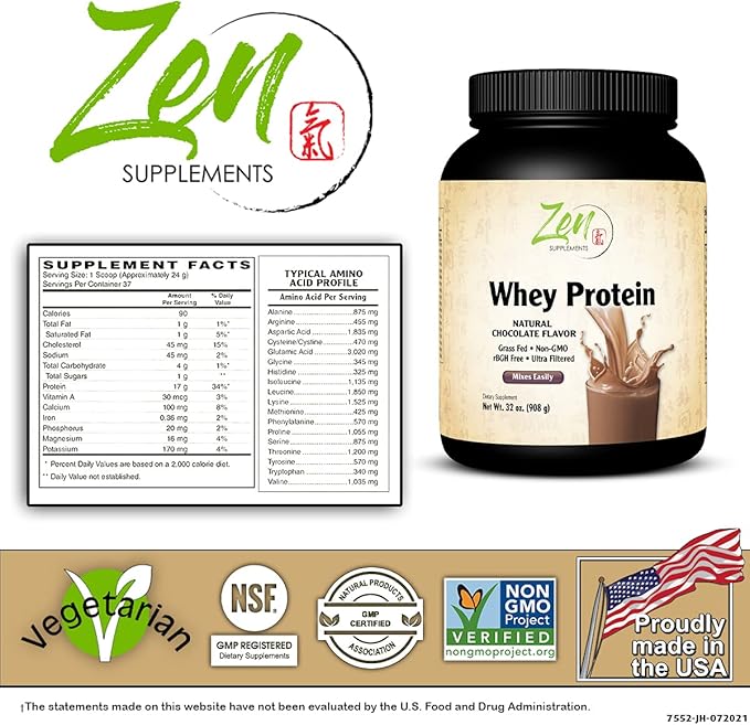Zen Supplements - Organic Grass Fed Whey Protein 19g Per Serving Keto Friendly - Chocolate 32 Oz-Powder
