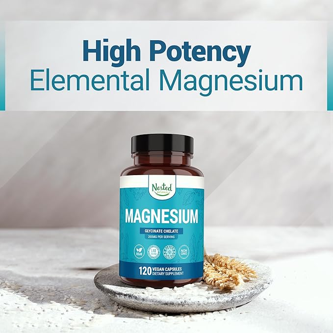 Nested Naturals Magnesium Glycinate Chelate - 200mg Chelated Magnesium Supplement for Muscle Cramps Relaxation &amp Sleep Support - 100% Albion TRACCS Buffered Magnesium Glycinate - 240 Vegan Capsu