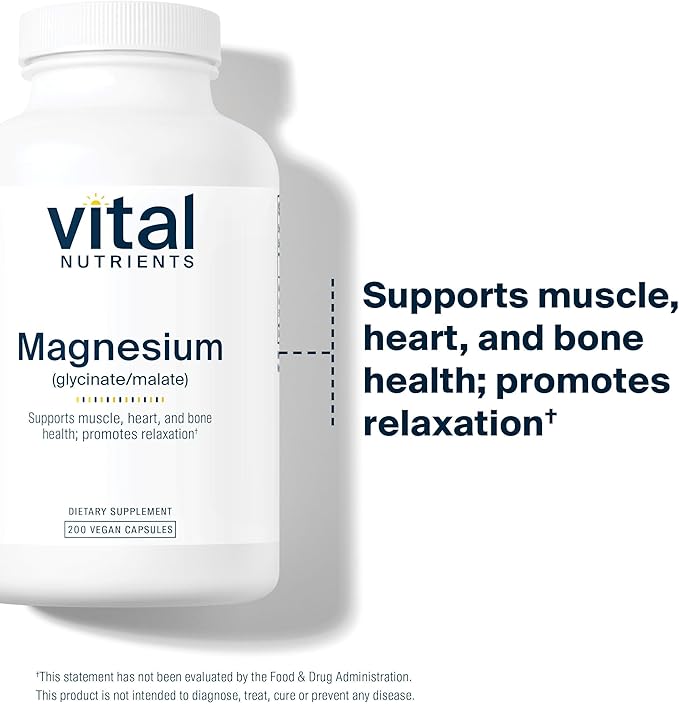 Vital Nutrients Magnesium Glycinate + Malate - 120mg Vegan Magnesium Supplement for Women and Men - Muscle Heart Bone Support* - Promotes Relaxation - Gluten Dairy and Soy Free - 200 Capsules