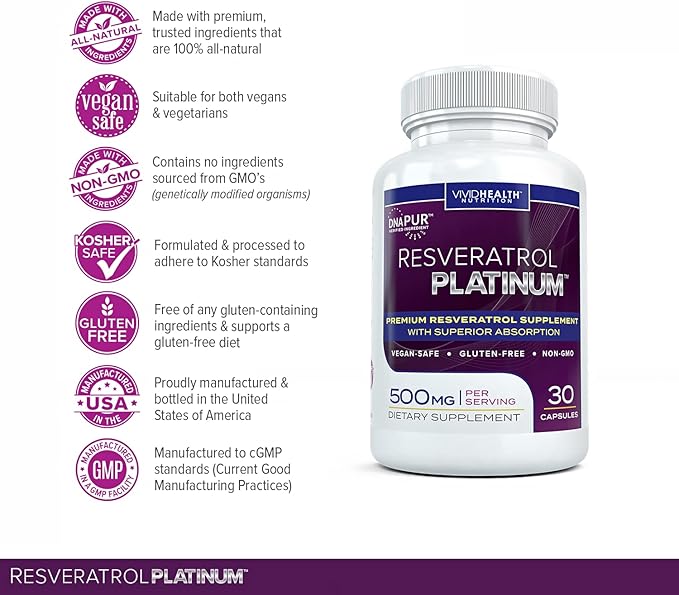 Resveratrol Platinum (3 Bottles) Anti Aging Supplement 500mg | Premium High Potency Formulation | 30 Capsules Per Bottle