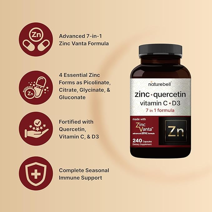 NatureBell Zinc Quercetin with Vitamin C &amp D3 240 Capsules | Quercetin 1000mg + Zinc 50mg + Vitamin C 250mg + Vitamin D3 5000 IU | 4-in-1 Advanced Immune &amp Lung Support | ZincVanta Formula