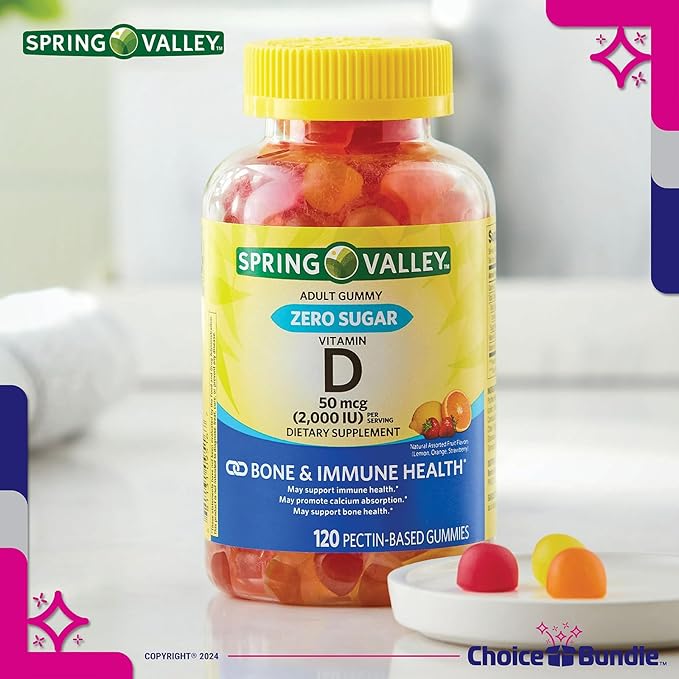 Choice Bundle Spring Valley Zero Sugar Vitamin D 50 mcg Gummies 120 Ct 4 pk (480 Total) Plus Vitamin Guide &amp Pill Container (6 Items)!