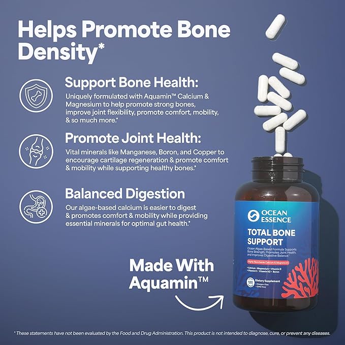 3 Pack OCEAN ESSENCE Total Bone Support - Plant-Based Algae Calcium Supplement for Supporting Bone Density &amp Strength - For Men &amp Women 35+ - 120 Natural Calcium Capsules - Vitamins for Optima