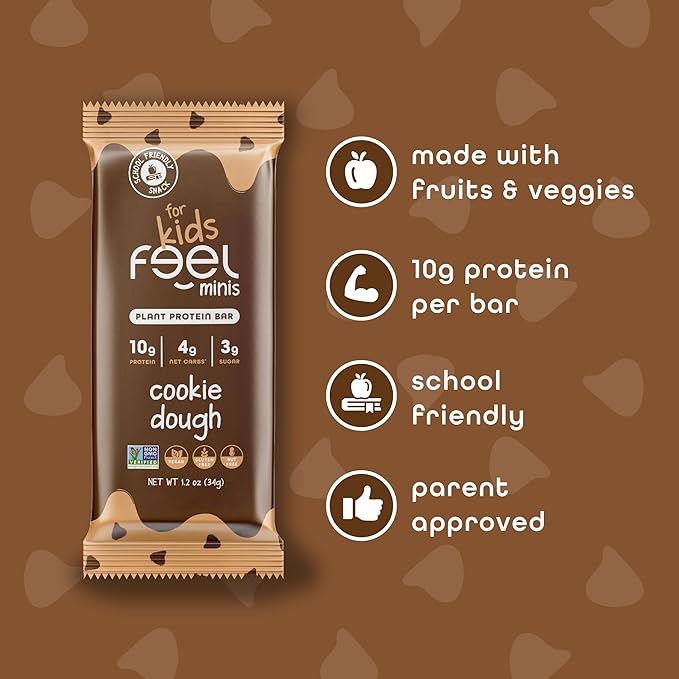 Feel Bar Minis – Kids Protein Bars | Cookie Dough – 12 Pack | 10g Plant Protein | 100 Calories | No Added Sugar | + Daily Veggies | Gluten Free No Nuts No Soy No Dairy No Grains