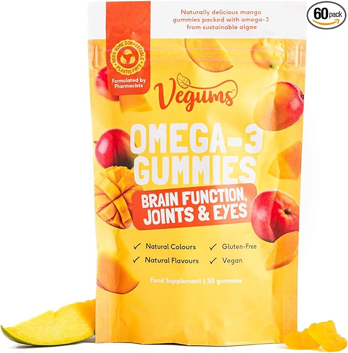 Vegums Fish-Free Omega-3 Gummies - 60 Orange-Flavored Algae-Based Omega-3 (DHA) &amp Vitamin E Supplement for Kids &amp Adults - Vegan &amp Vegetarian Friendly