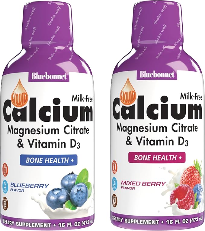 BlueBonnet Nutrition Liquid Calcium Citrate Magnesium Citrate Vitamin D3 Bone Health Gluten Free Soy Free Milk Free Kosher Blueberry and Mixed Berry Combo