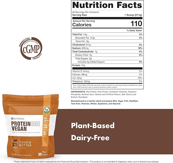NutraOne ProteinOne Vegan Plant-Based Protein Powder Vegan Protein Powder Dairy-Free Pea and Rice Protein (Cookie Butter)