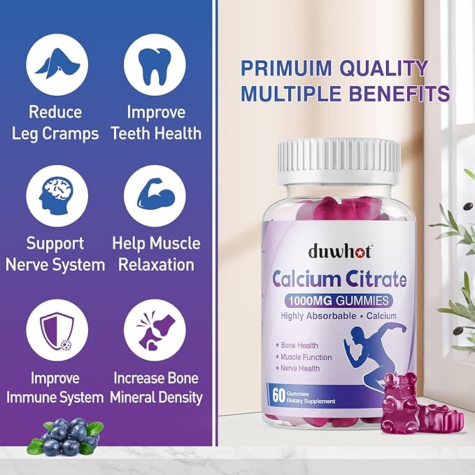 Calcium Citrate Gummies Chewable Calcium Citrate 1000mg for Bone Muscle &amp Immune Support Ultimate Absorption Calcium Supplements for Women &amp Men Blueberry 60 Chews