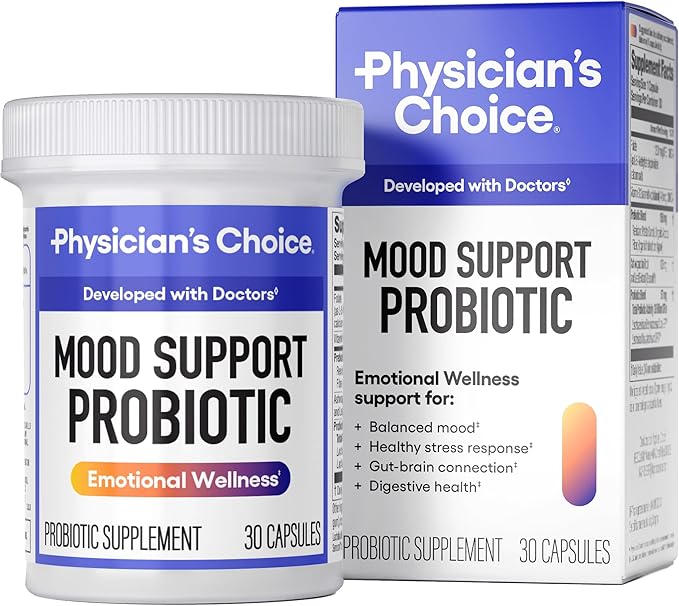 Physician's CHOICE Mood Support Probiotic - Supports a Balanced Mood Healthy Stress Response &amp Digestive Health with Prebiotics Ashwagandha Vitamin B12 Folate - for Men &amp Women - 30ct