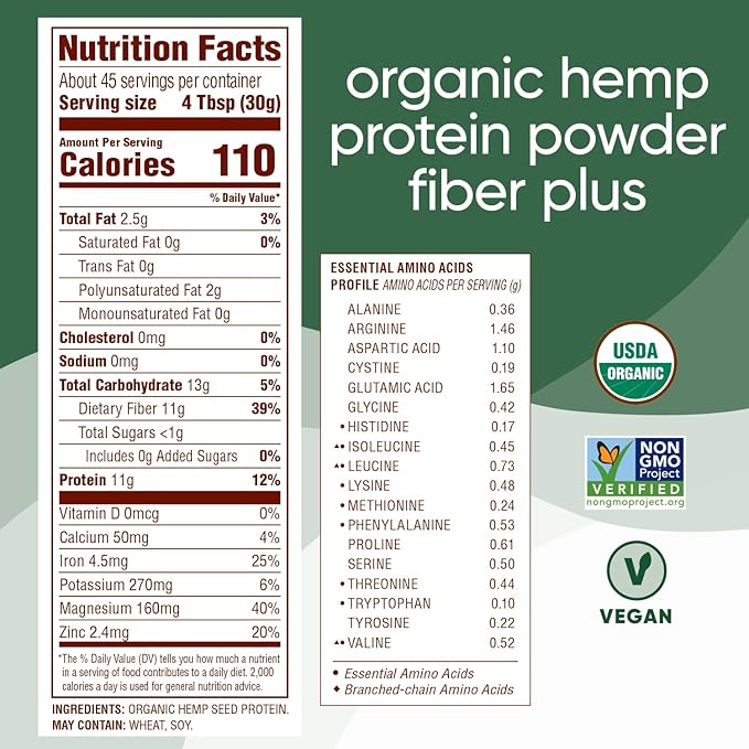 Nutiva USDA Organic Cold-Pressed Hemp Seed Plant Protein Power 3 Pound Fiber Plus with Essential Amino Acids Non-GMO Whole 30 Approved Vegan &amp Keto