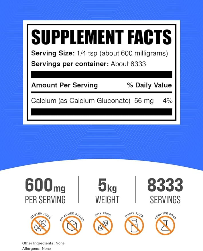 BulkSupplements.com Calcium Gluconate Powder - Calcium Gluconate Supplement - Gluten Free 600mg per Serving 1kg (2.2 lbs) (Pack of 5)