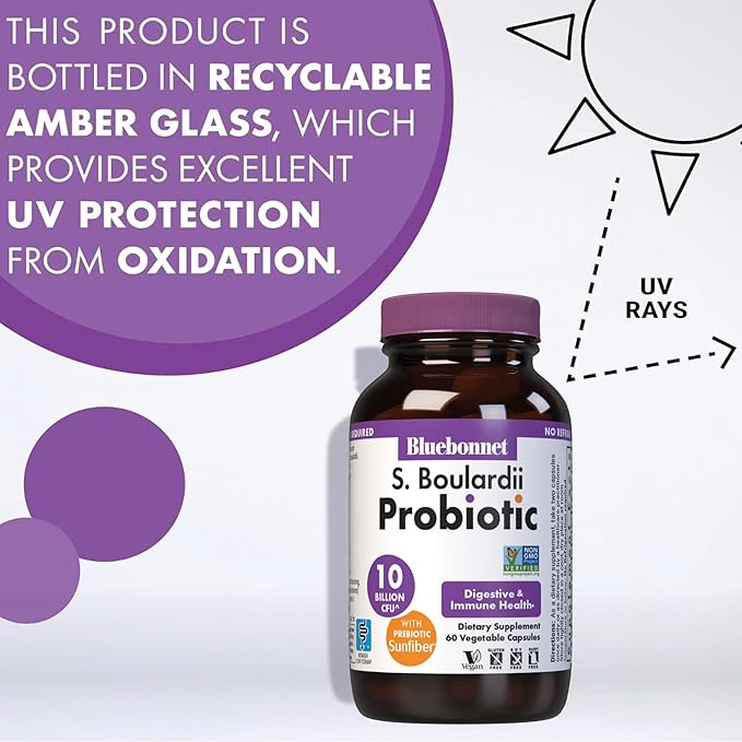BlueBonnet Nutrition S. Boulardii Probiotic 10 Billion CFU^ w/Prebiotic Sunfiber – Shelf Stable - for Women &amp Men Digestion Gut Mood* - Non-GMO Vegan Free of Gluten Dairy &amp Soy - 30 Servi
