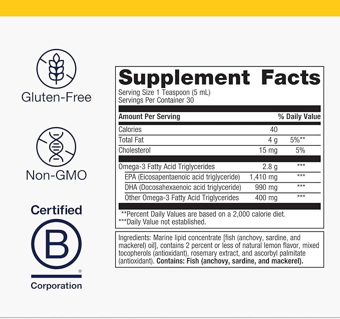 Metagenics OmegaGenics EPA-DHA 2400 mg - High Potency Liquid Fish Oil Supplement for Heart Health &amp Immune Support* - Sustainably Sourced - Lemon Flavor - Non-GMO &amp Gluten-Free - 30 Servings
