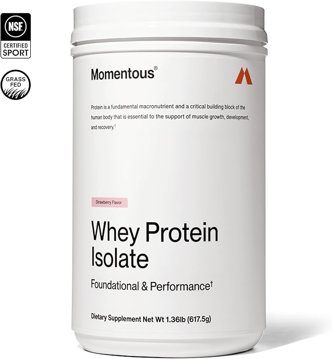 Momentous Essential Grass-Fed Whey Protein Powder - 20 g Whey Isolate Protein - NSF Certified for Sport - Gluten-Free - 25 Servings for Essential Everyday Use - Strawberry - Package May Vary