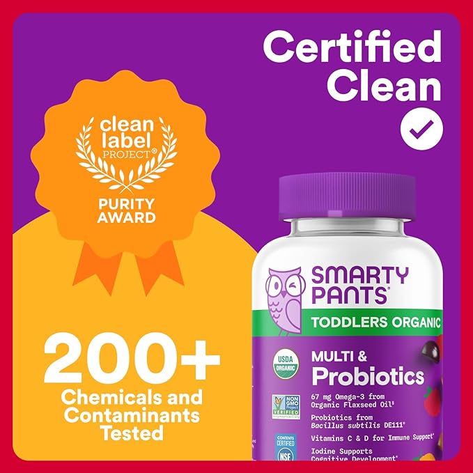SmartyPants Organic Toddler Multivitamin Gummies: Probiotics Omega 3 (ALA) Vitamin D3 C Vitamin B12 B6 A K &amp Zinc Beta Carotene Gluten Free Three Fruit Flavors 60 Count (30 Day Supply)
