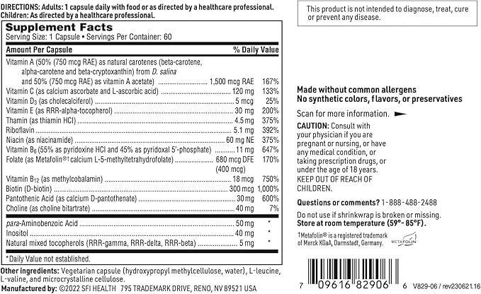 SFI Health Klaire Labs Multi-Vitamin Complex - Hypoallergenic Once-Daily Mineral-Free Multivitamin with Metafolin Folate Vitamin B6 &amp B12 (60 Capsules)