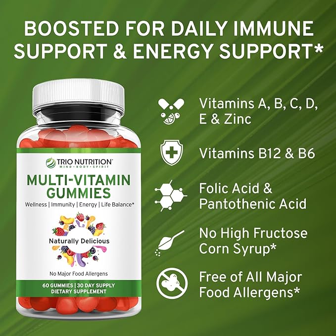 TRIO NUTRITION Daily Multivitamin Gummies for Men &amp Women - Natural Fruit Flavor with Essential Vitamins A B C D E &amp Zinc - No Major Allergens Immune Support &amp Energy Boost Supplement