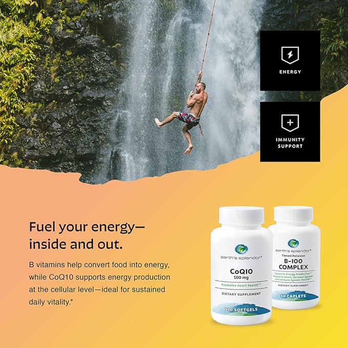 Earth's Splendor CoQ10 100 mg Softgels + Vitamin B Complex Tablets – Cellular Energy Production Metabolic Support &amp Daily Vitality Non-GMO No Artificial Colors or Flavors