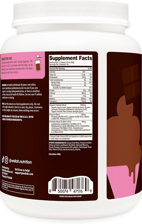 Wellah Grass-Fed Whey Protein Isolate Powder (Milk Chocolate) 30 Servings - with Prebiotics Enzymes &amp Probiotics 20g of Protein 100 Calories Naturally Sweetened