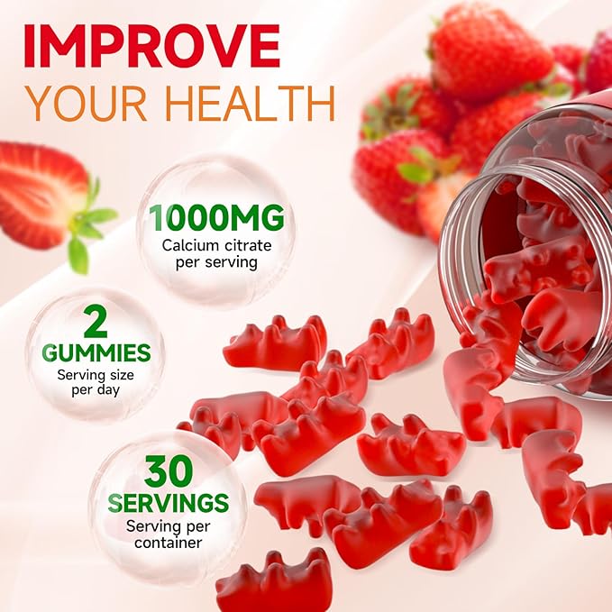 2 Pack Calcium Citrate Gummies Sugar Free Calcium Citrate 1000mg for Muscle Healthy Absorption Calcium Supplements for Adults &amp Kids Strawberry 120 Count