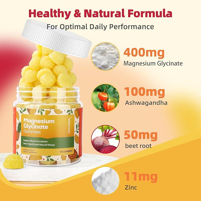 90 Count Magnesium Glycinate Gummies 400mg w/Ashwagandha Supplement - Sugar Free Zinc Magnesium Glycinate Supplement Ashwagandha Gummies for Adults Pineapple Flavor