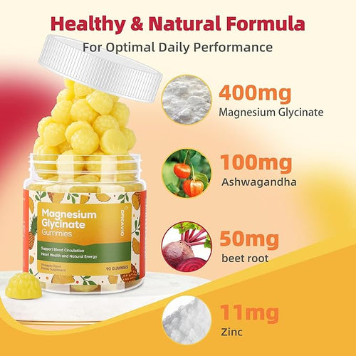 90 Count Magnesium Glycinate Gummies 400mg w/Ashwagandha Supplement - Sugar Free Zinc Magnesium Glycinate Supplement Ashwagandha Gummies for Adults Pineapple Flavor