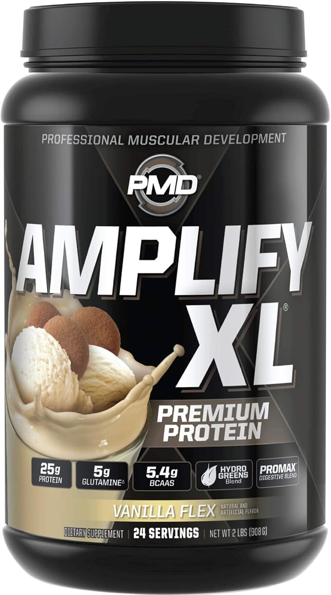 PMD Sports Amplify XL Premium Whey Protein Supplement Hydro Greens Blend - Glutamine and Whey Protein Matrix with Superfood for Muscle Strength and Recovery - Vanilla Flex (24 Servings)