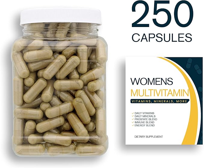 Multivitamin &amp Women's Health Blend - 250CT Tub - Providing Daily Serving of Vitamins Minerals Womens Health Antioxidants &amp Energy in a Clear Square Grip Jar