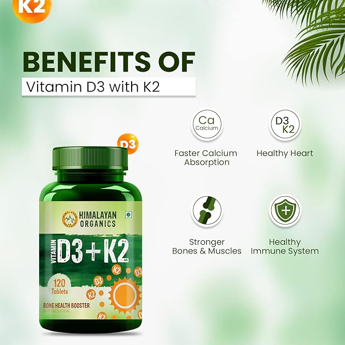 Himalayan Organics Vitamin D3 600 IU + Vitamin K2 as Mk7 | Supports Stronger Immunity Bone &amp Heart Health (120 Veg Tablets)