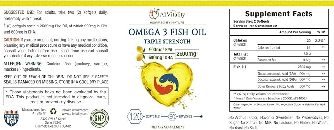 Omega 3 Triple Strength EPA DHA Supplement - 2500mg Lemon Flavored Burpless Fish Oil - High Potency 900mg EPA 600mg DHA Supports Circulation Brain Heart Eye Skin Bone &amp Joints - 120 Softgels