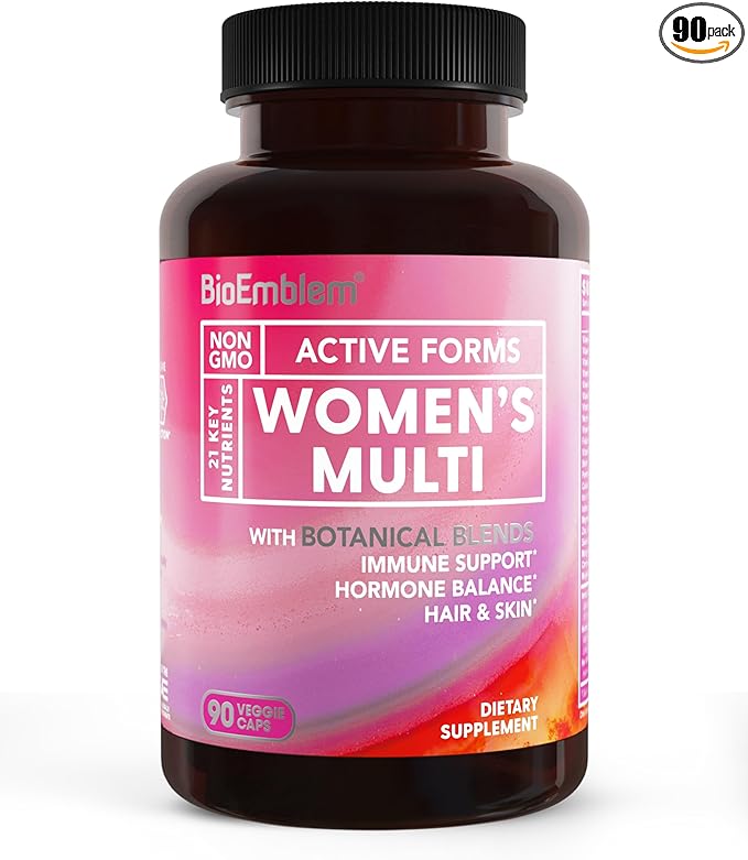 BioEmblem Women's Multivitamin - Complete Daily Multi for Immunity Energy Hair Skin with Vitamin A B12 B6 D3 Biotin Iron Magnesium Collagen and Veggie Blends - Gluten Free - 90 Capsules
