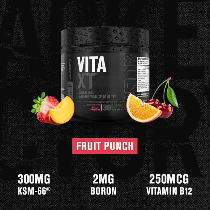 Jacked Factory Vita XT Performance Vitamin Powder - Daily Multivitamin Powder for Men with KSM-66 Ashwagandha Prebiotic Fiber Vitamin A C D K B6 B12 &amp More - Fruit Punch 30Sv