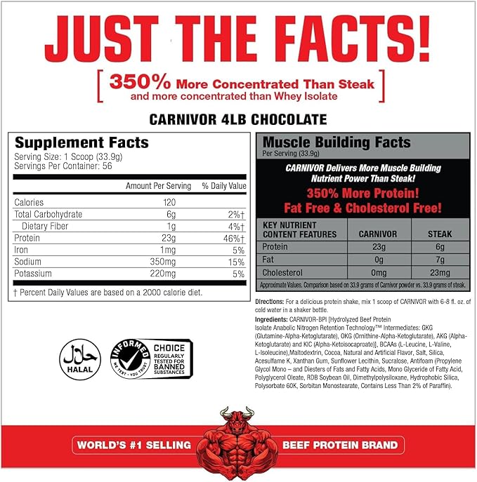 MuscleMeds CARNIVOR Beef Protein Isolate Powder Muscle Building Recovery Lactose Free Sugar Free Fat Free 23g Protein Halal Certified Chocolate 56 Servings
