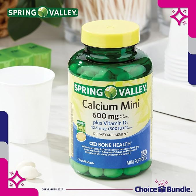 Spring Valley Calcium 600 mg Plus Vitamin D3 12.5 mcg 150 Ct Mini Softgels 2 Pk (300 Total) + Vitamin Guide &amp Pill Container (4 Items)!
