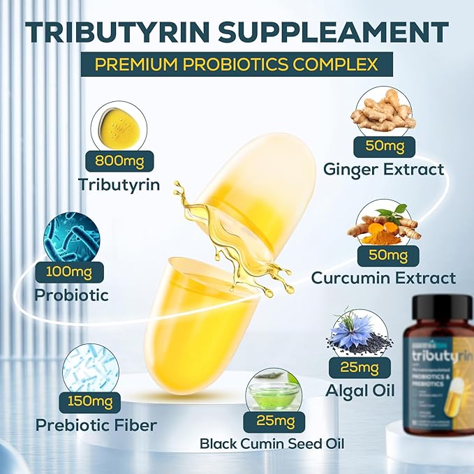Tributyrin Supplement for Gut &amp Immune 800mg | High Bioavailability with Microencapsulated Probiotics &amp Prebiotics - Advanced Liquid-Filled Tributyrin Complex Gluten Free 180 Capsules