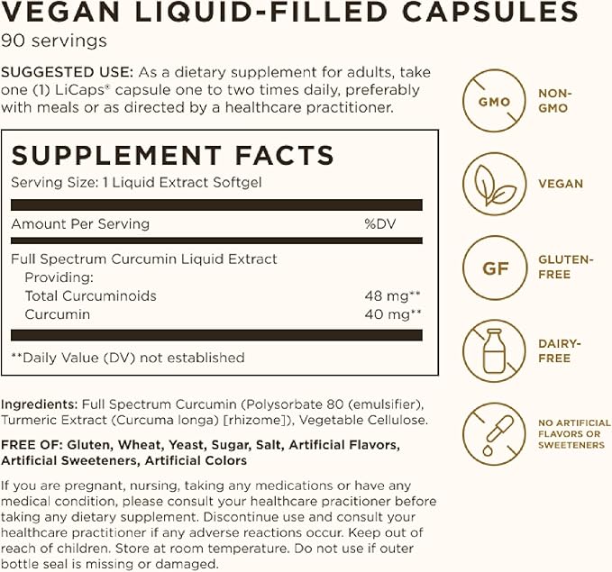 Solgar Full Spectrum Curcumin - 90 LiCaps - Superior Absorption - Brain Joint &amp Immune Health - Non-GMO Vegan Gluten Free Dairy Free - 90 Servings