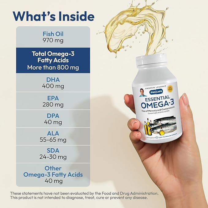 ANDREW LESSMAN Essential Omega-3 Unflavored - 180 Softgels - Ultra-Pure High Potency Omega-3 Oils. High DHA No Stomach Upset No Contaminants No Mercury. Small Easy to Swallow Softgels