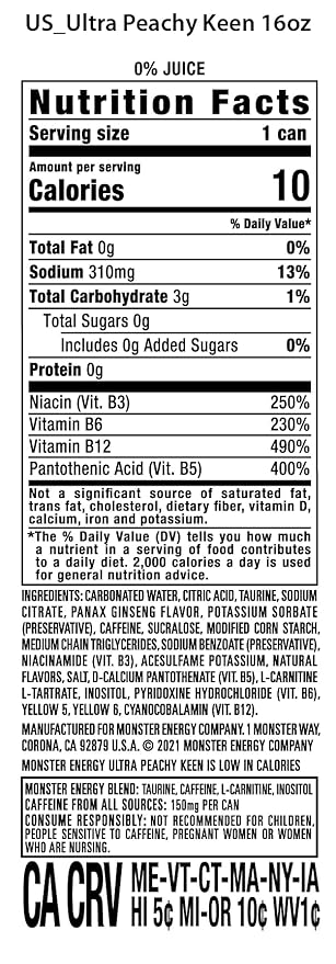 Monster Energy Ultra Peachy Keen Sugar Free Energy Drink 16 oz | Pack of 15