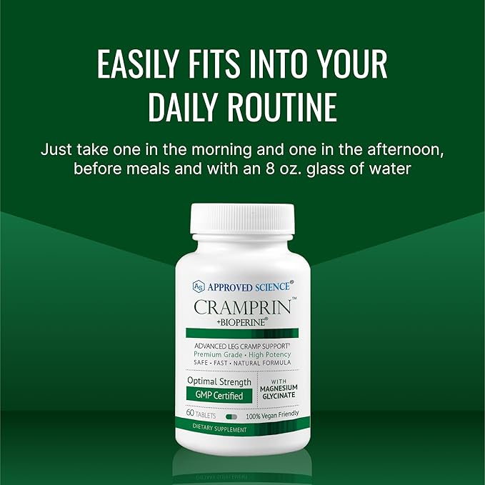 Approved Science Cramprin - High Absorption Magnesium Vitamin B Complex BioPerine - Muscle Cramps - 3 Month Supply - 180 Tablets - Vegan