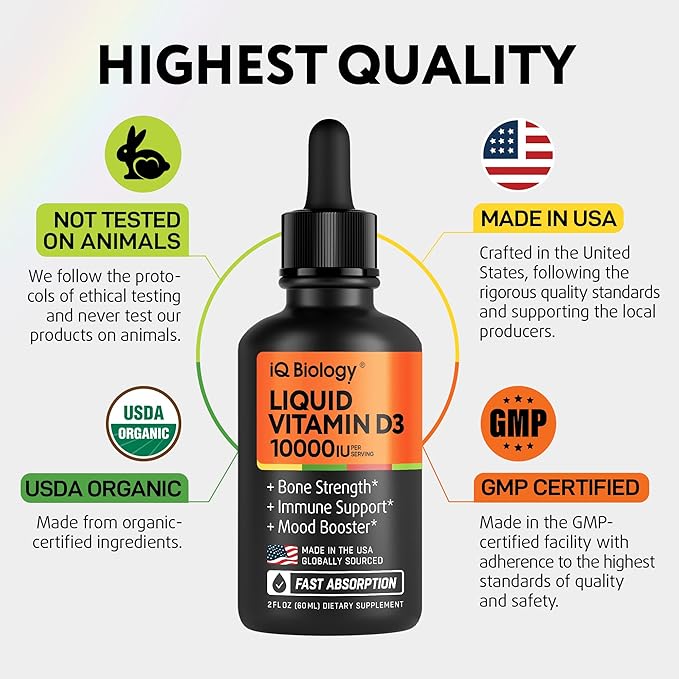 Liquid Vitamin D3 10000 IU (250 mcg) - USDA Organic Vitamin D Drops for Adults &amp Kids - 100-Day Supply - Vit D3 with MCT Oil for Better Absortion - Bone &amp Immunity Support Dental Health* Mad