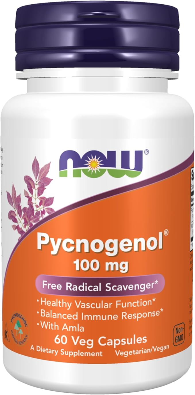 NOW Foods Supplements Pycnogenol 100 mg (a Unique Combination of Proanthocyanidins from French Maritime Pine) with Amla 60 Veg Capsules