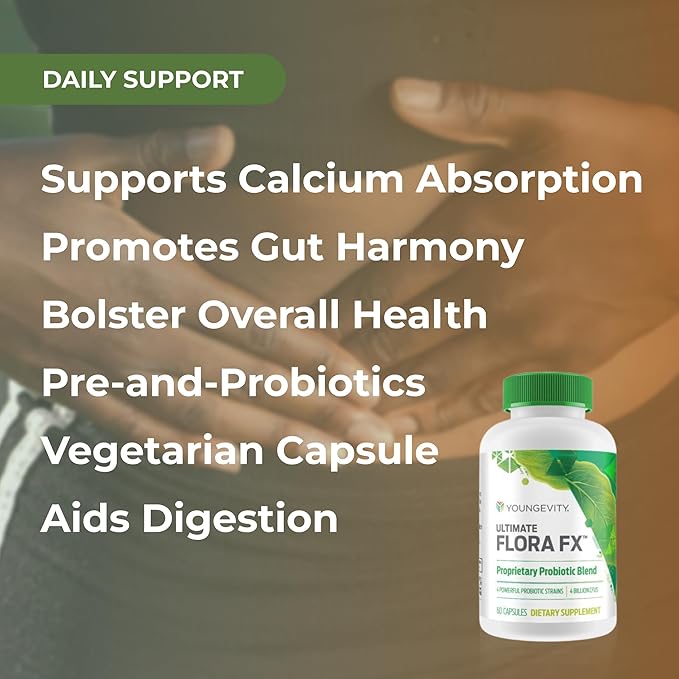 Youngevity Ultimate Flora FX™ – Prebiotic and Probiotic Supplement – Supports Digestive Health and Gut Microbiome – 4 Billion CFU – Glucono Delta Lactone – 60 Vegetarian Capsules
